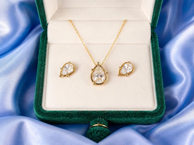 Pear Cut Moissanite Necklace & Earrings Set, 18K Gold Plated Sterling Silver Jewelry