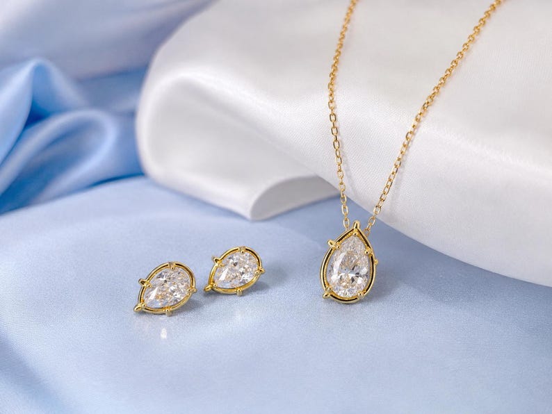 Pear Cut Moissanite Necklace & Earrings Set, 18K Gold Plated Sterling Silver Jewelry