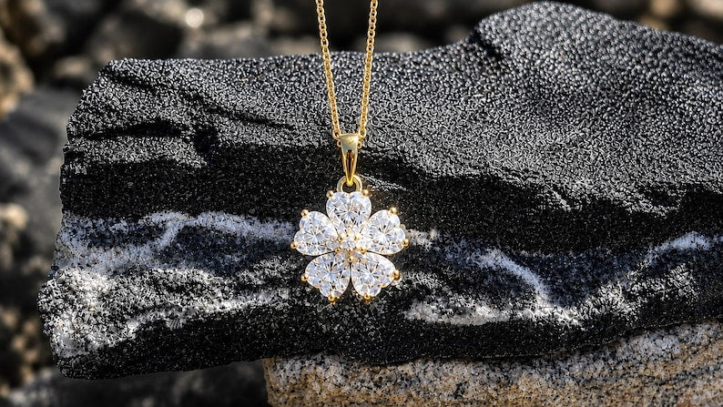 Flower Moissanite Necklace & Earrings Set | 18K Gold-Plated 925 Sterling Silver