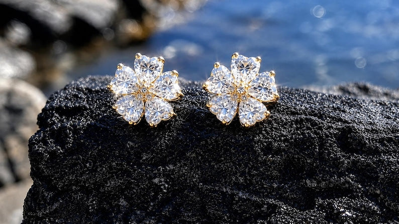 Flower Moissanite Necklace & Earrings Set | 18K Gold-Plated 925 Sterling Silver