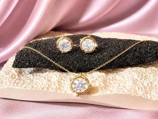 Round Moissanite Necklace & Earrings Set | 18K Gold-Plated 925 Sterling Silver