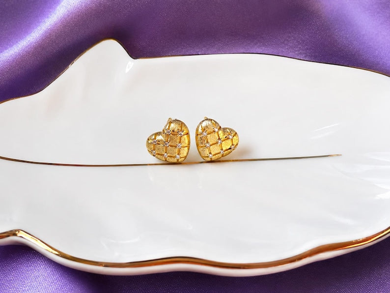 Textured Heart Moissanite Stud Earrings | 18K Gold-Plated 925 Sterling Silver