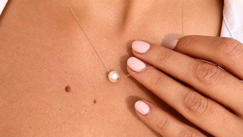 18K Solid Gold Floating Pearl Necklace 8mm Freshwater Pearl Hallmarked