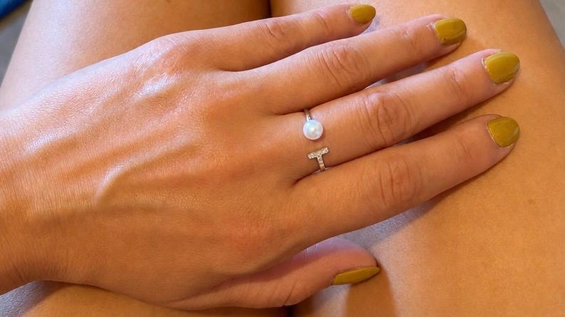 Freshwater Pearl Ring 925 Sterling Silver CZ Pavé Adjustable Band