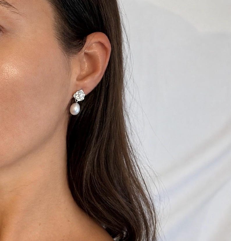 Freshwater Pearl Drop Earrings 925 Sterling Silver Rose Pavé Crystal