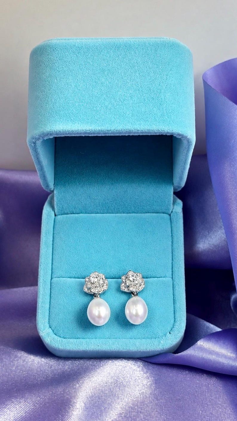 Freshwater Pearl Drop Earrings 925 Sterling Silver Rose Pavé Crystal