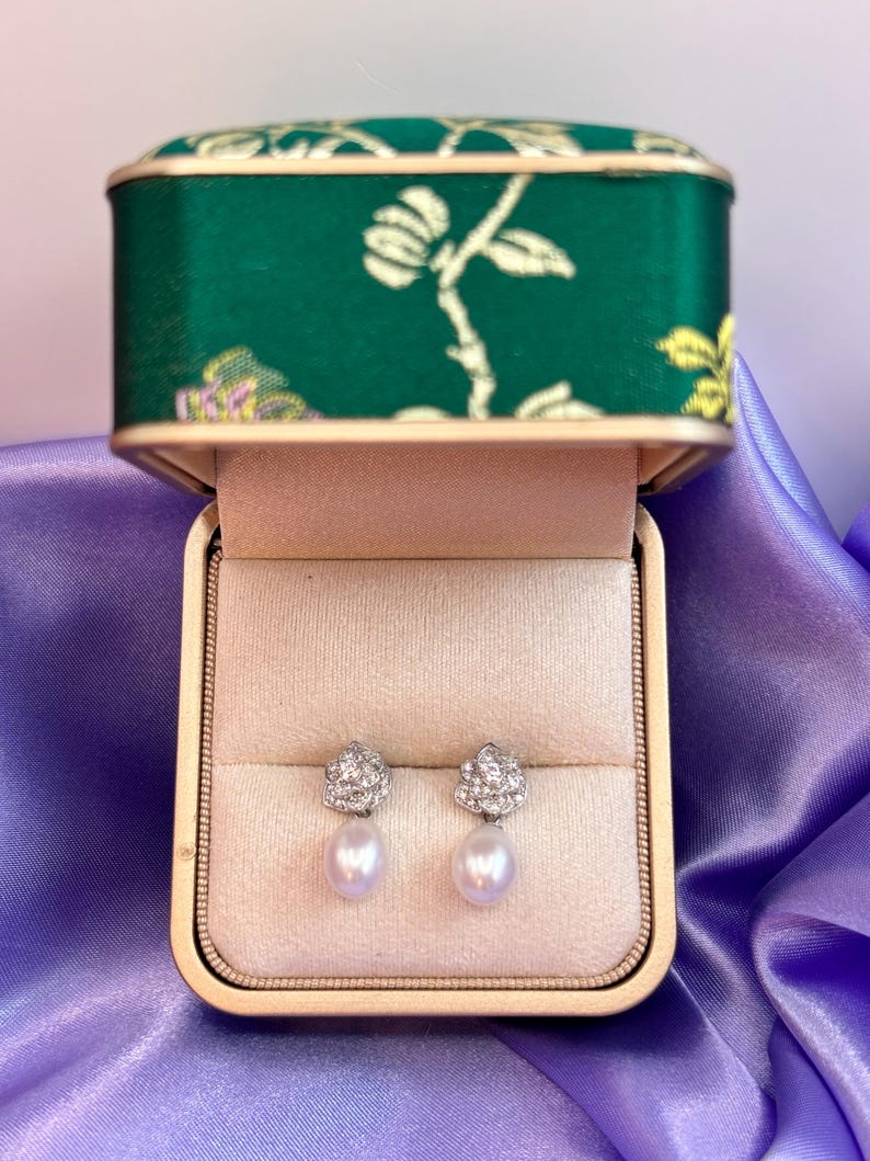 Freshwater Pearl Drop Earrings 925 Sterling Silver Rose Pavé Crystal