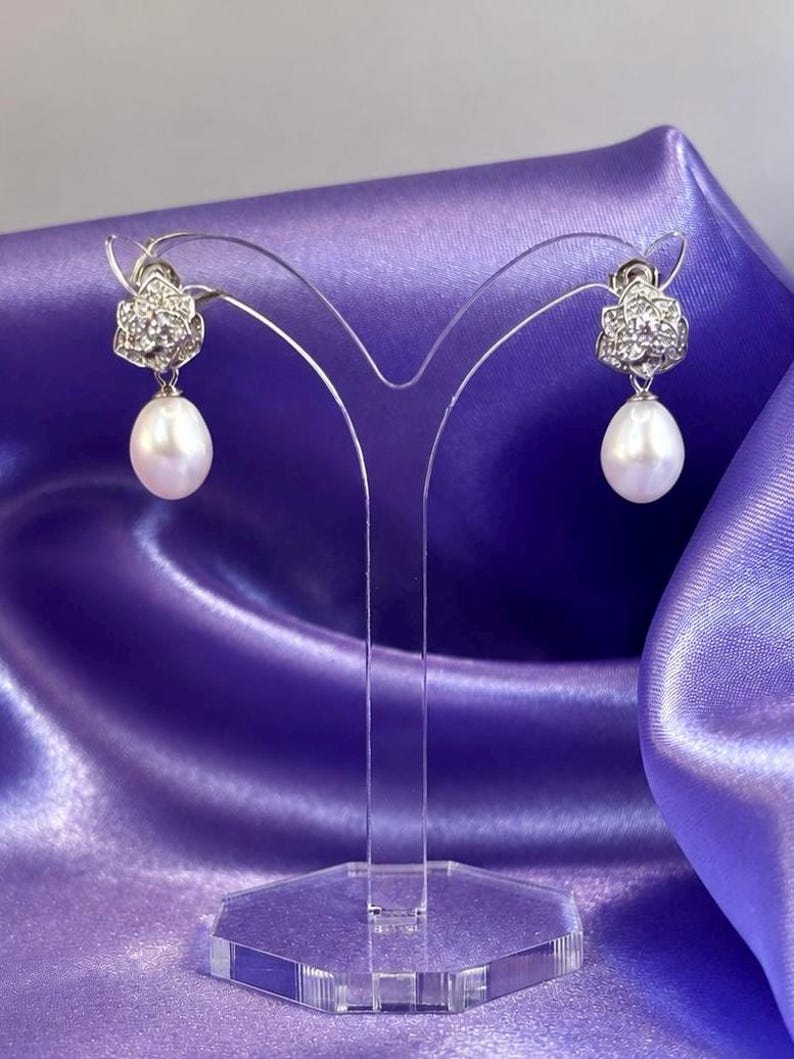 Freshwater Pearl Drop Earrings 925 Sterling Silver Rose Pavé Crystal