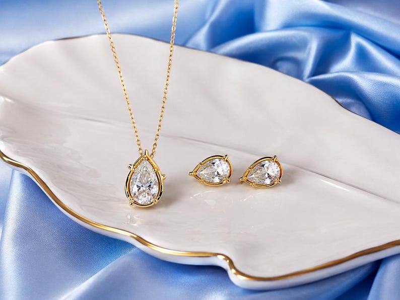 Pear Cut Moissanite Necklace & Earrings Set, 18K Gold Plated Sterling Silver Jewelry