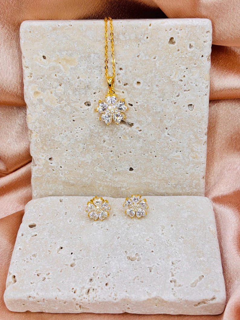 Flower Moissanite Necklace & Earrings Set | 18K Gold-Plated 925 Sterling Silver