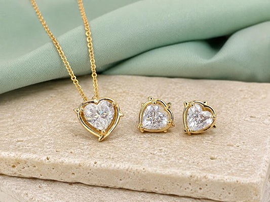 Heart Shaped Moissanite Necklace & Earrings Set | 18K Gold-Plated 925 Sterling Silver