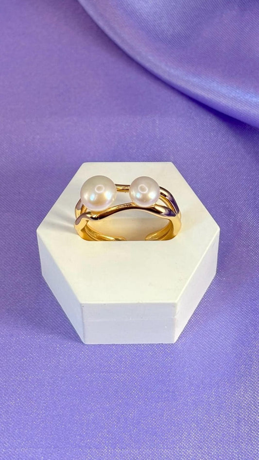 Freshwater Pearl Ring 18K Gold Plated Sterling Silver Adjustable Open Band