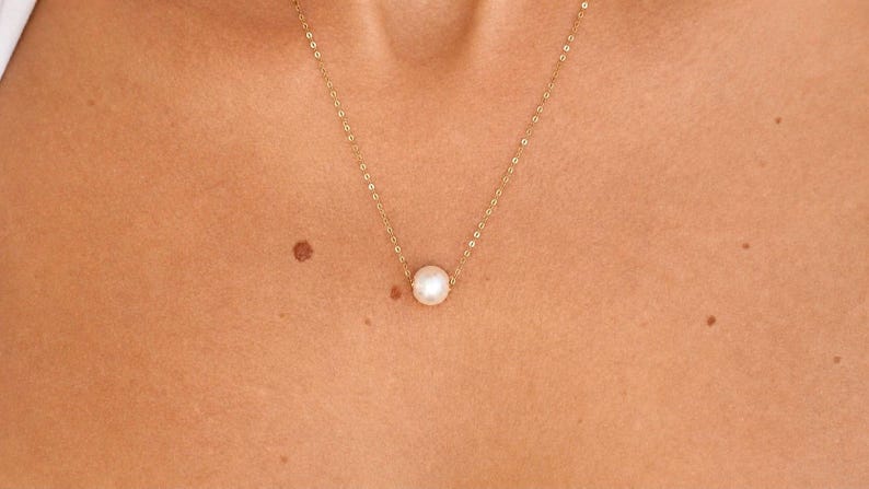 18K Solid Gold Floating Pearl Necklace 8mm Freshwater Pearl Hallmarked