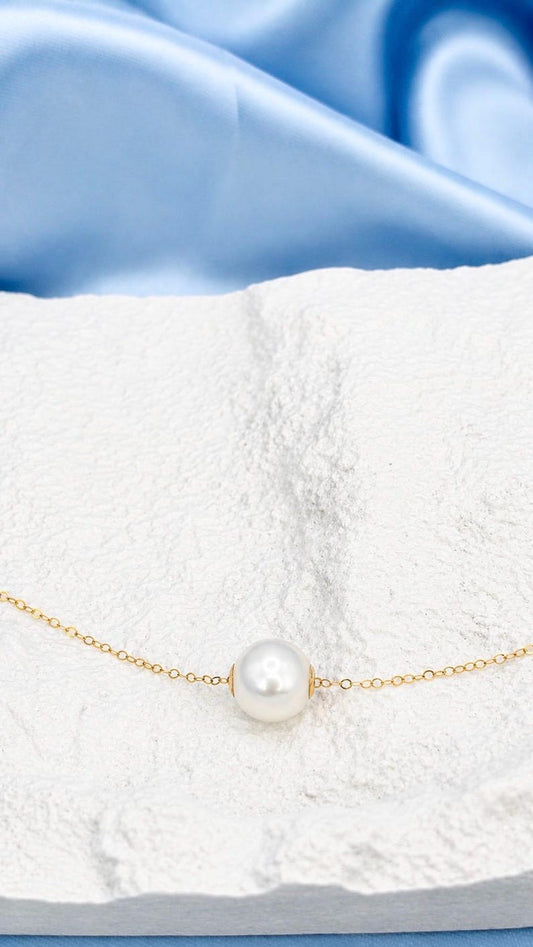 18K Solid Gold Floating Pearl Necklace 8mm Freshwater Pearl Hallmarked