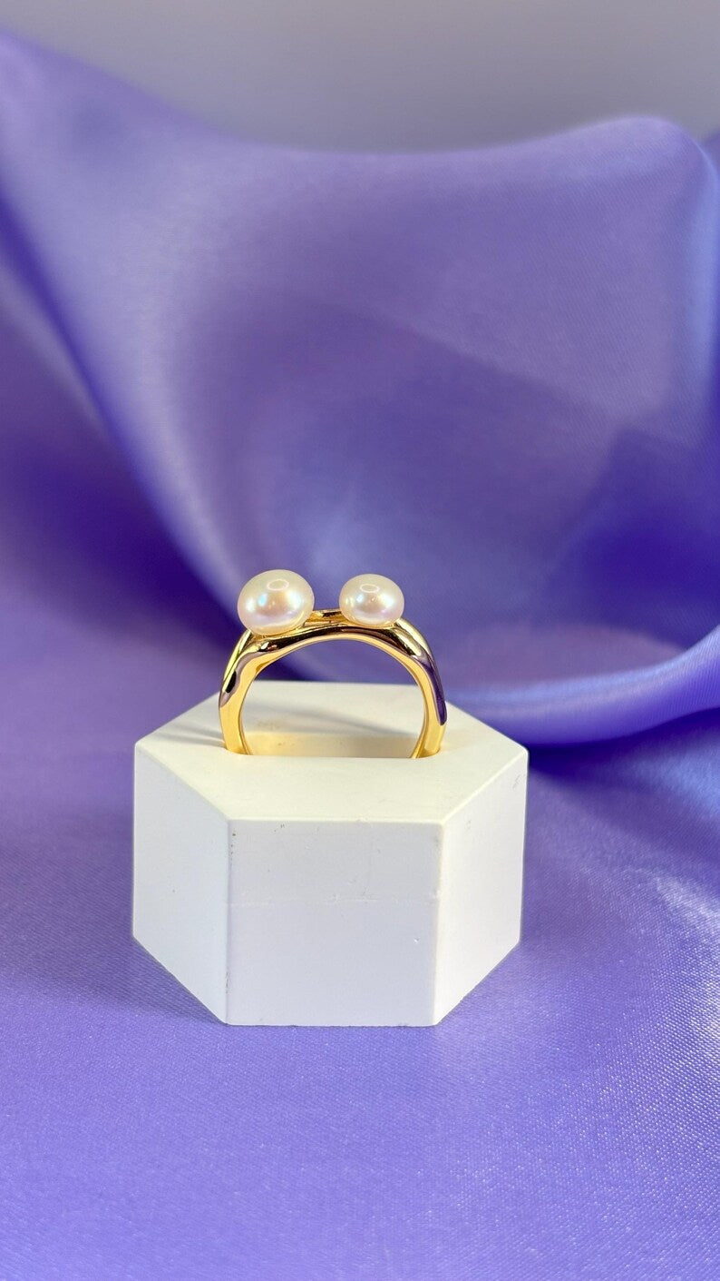Freshwater Pearl Ring 18K Gold Plated Sterling Silver Adjustable Open Band