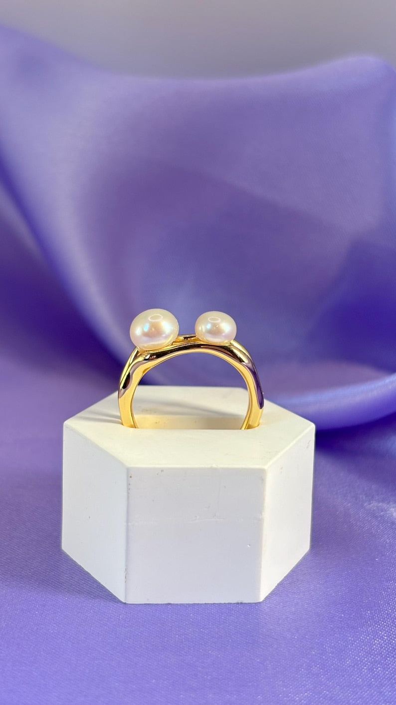 Freshwater Pearl Ring 18K Gold Plated Sterling Silver Adjustable Open Band