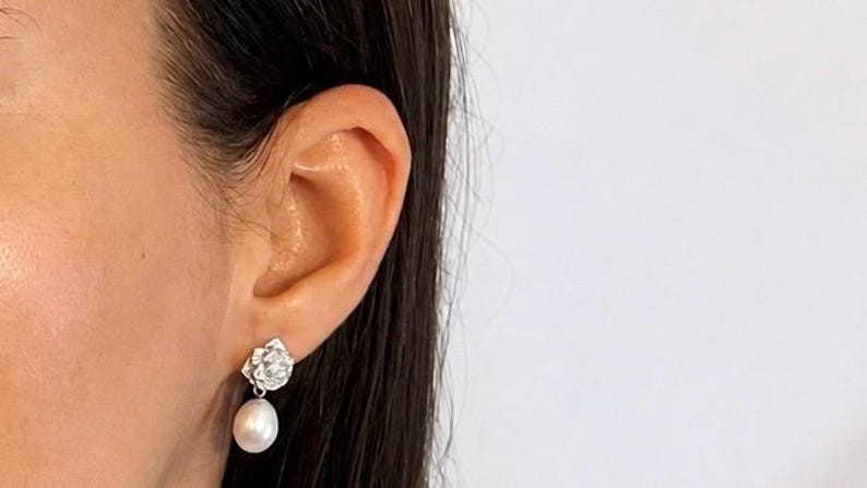 Freshwater Pearl Drop Earrings 925 Sterling Silver Rose Pavé Crystal