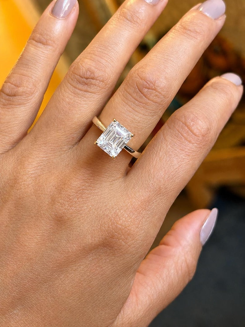 4 Carat Emerald Cut Moissanite Ring | Gold-Plated Adjustable Ring