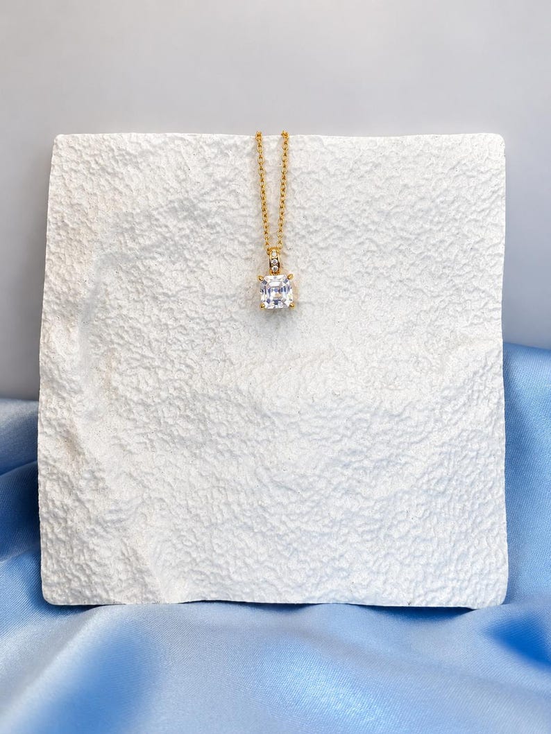 6x5mm Emerald Cut Moissanite Necklace | Gold-Plated Pave Pendant