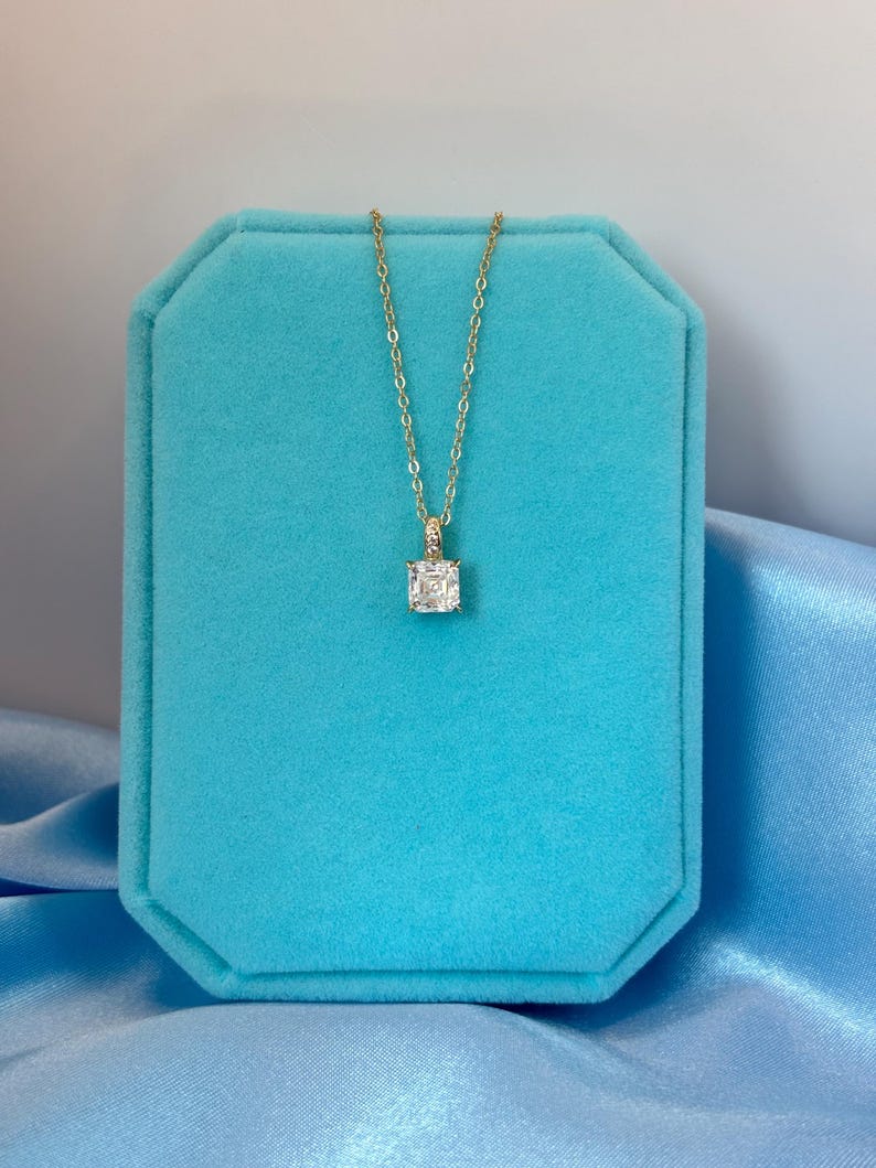 6x5mm Emerald Cut Moissanite Necklace | Gold-Plated Pave Pendant