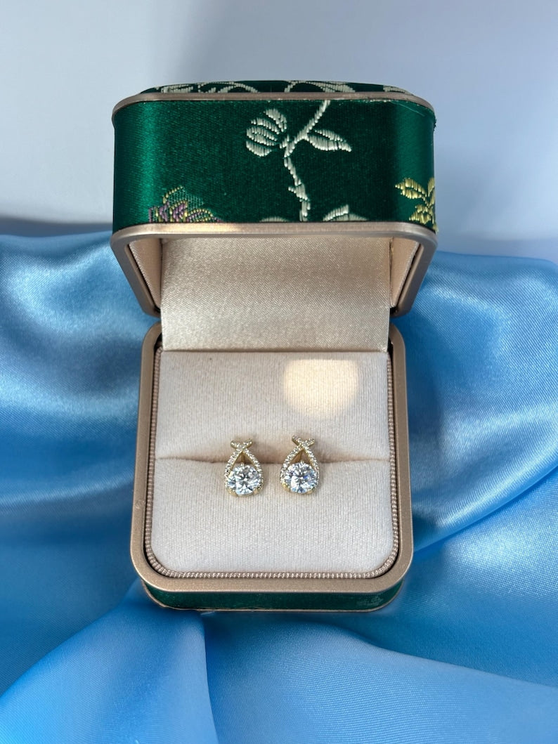 18K Gold-Plated Moissanite Stud Earrings | Round Pave Halo Sterling Silver