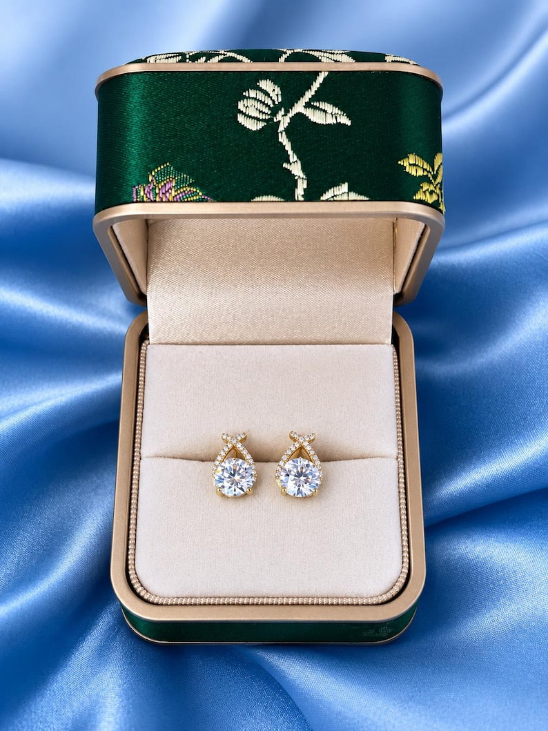 18K Gold-Plated Moissanite Stud Earrings | Round Pave Halo Sterling Silver