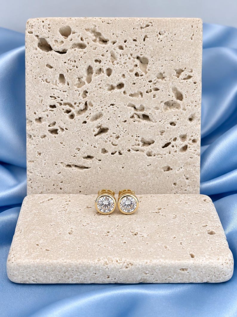 6x5mm Moissanite Bezel Stud Earrings | 18K Gold-Plated Sterling Silver