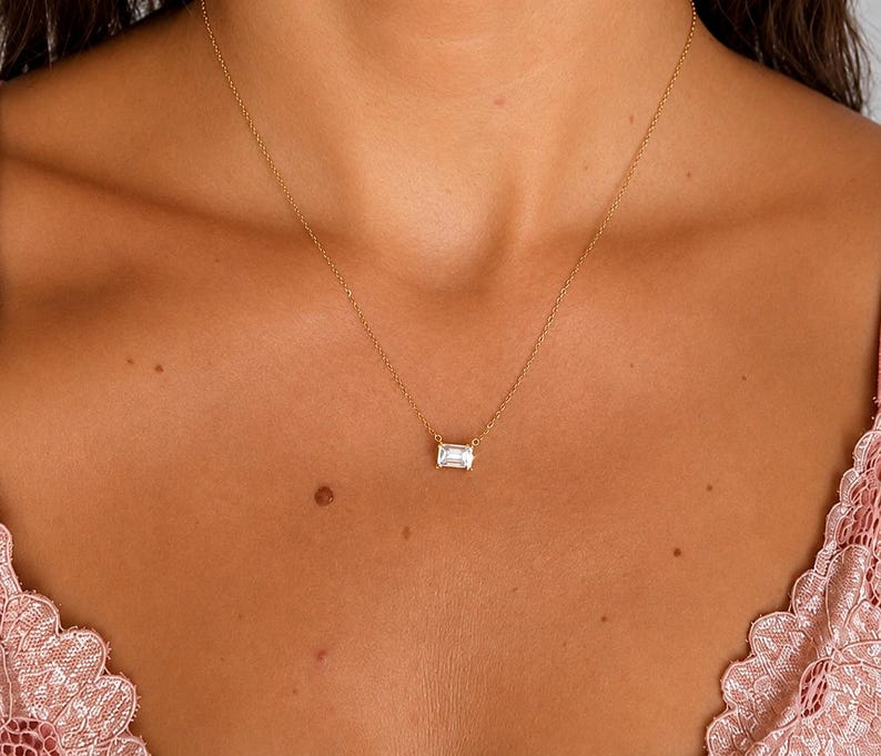 5x4mm Emerald Cut Moissanite Necklace | Gold Plated 925 Sterling Silver Pendant