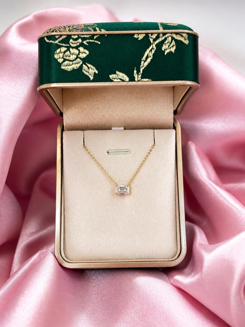 5x4mm Emerald Cut Moissanite Necklace | Gold Plated 925 Sterling Silver Pendant