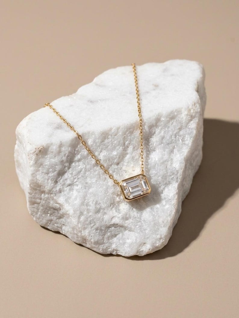 5x4mm Emerald Cut Moissanite Necklace | Gold Plated 925 Sterling Silver Pendant