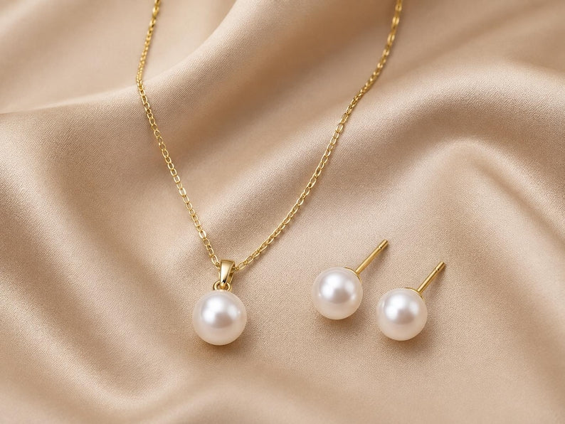 18K Solid Gold Freshwater Pearl Jewellery Set 8mm Necklace & 9mm Stud Earrings