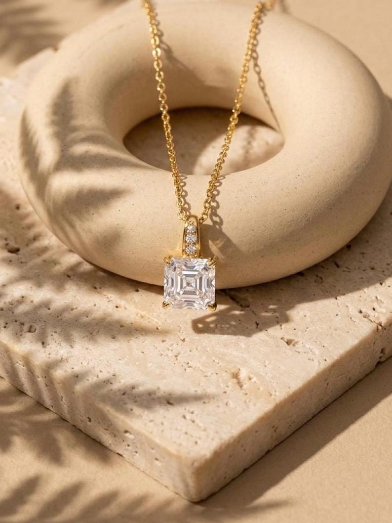 6x5mm Emerald Cut Moissanite Necklace | Gold-Plated Pave Pendant