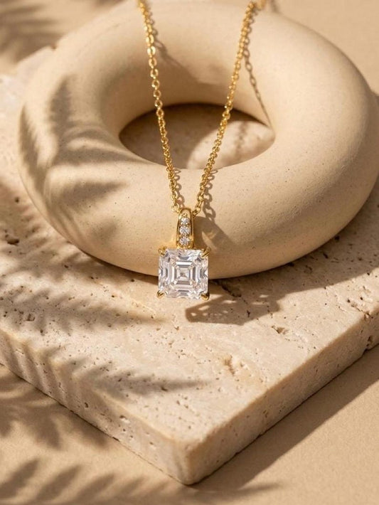 6x5mm Emerald Cut Moissanite Necklace | Gold-Plated Pave Pendant