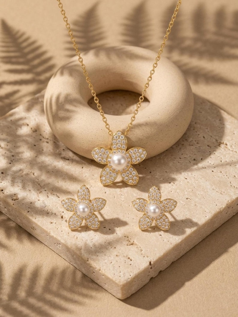 2CT Moissanite Flower Jewellery Set, Freshwater Pearl Necklace & Earrings, 18K Gold Plated