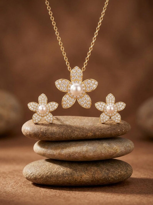 2CT Moissanite Flower Jewellery Set, Freshwater Pearl Necklace & Earrings, 18K Gold Plated