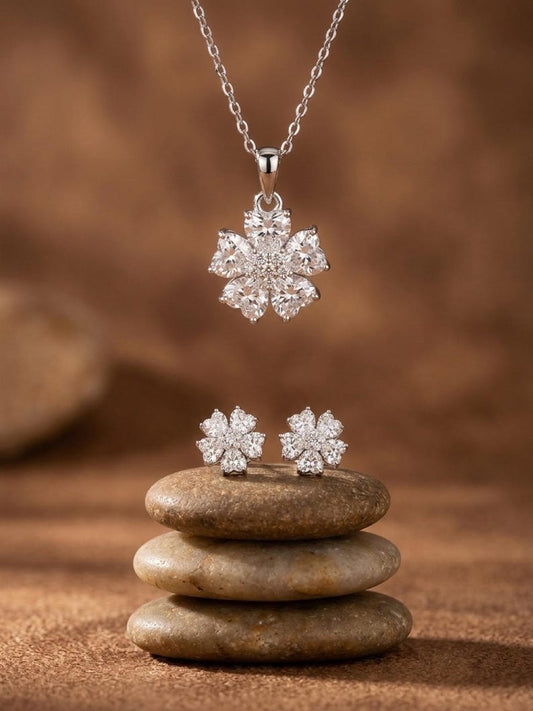 2CT Moissanite Flower Necklace & Earrings Set, 925 Sterling Silver Floral Jewellery