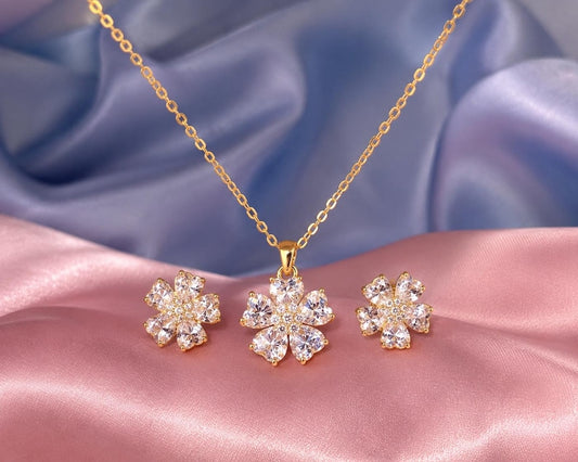 Flower Moissanite Necklace & Earrings Set | 18K Gold-Plated 925 Sterling Silver