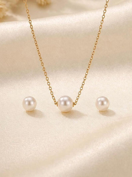 18K Solid Gold Freshwater Pearl Jewellery Set – 8mm Necklace & 9mm Stud Earrings