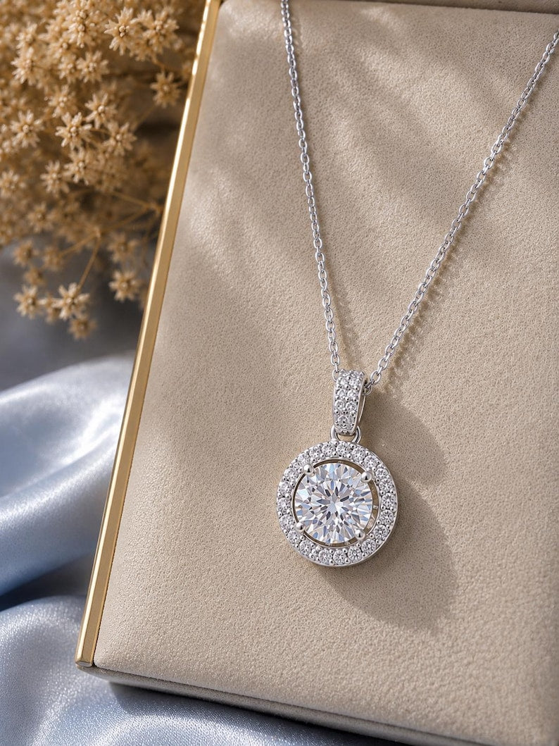 1 Carat Moissanite Halo Necklace, 18K White Gold Plated Sterling Silver Pendant