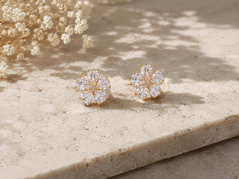 18K Gold-Plated Moissanite Flower Stud Earrings | 925 Sterling Silver