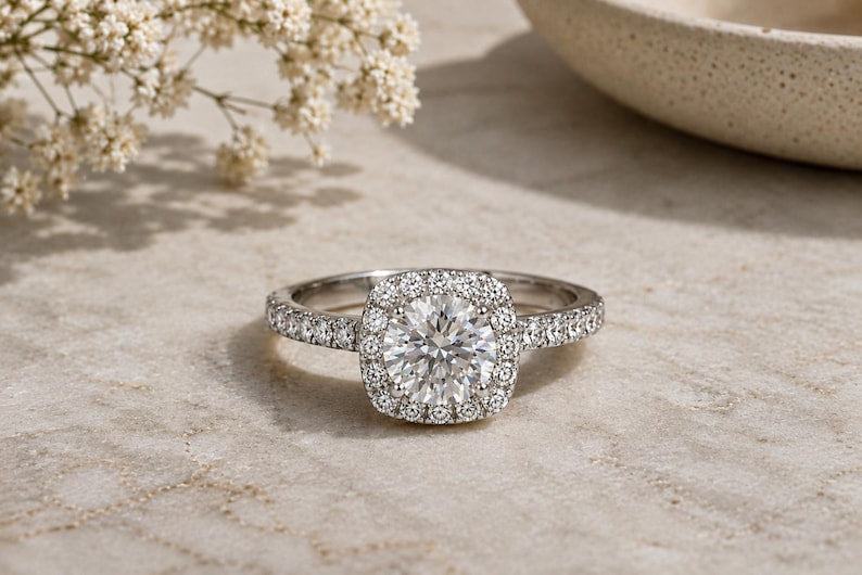 1ct Moissanite Halo Engagement Ring 925 Sterling Silver Bridal Promise Ring