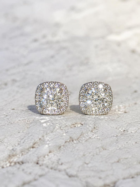 1 Carat Cushion Cut Moissanite Halo Stud Earrings | 925 Sterling Silver