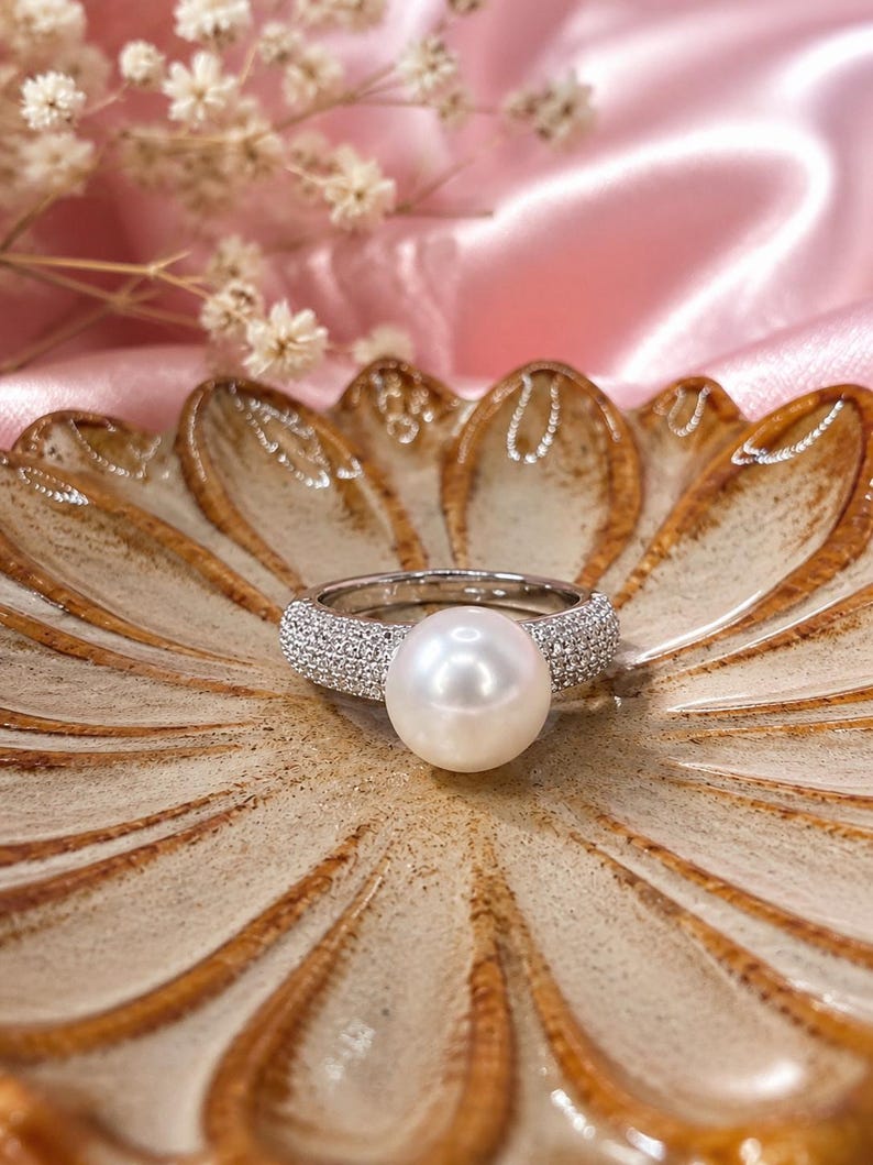 Freshwater Pearl Ring with CZ 925 Sterling Silver Pavé Adjustable Ring
