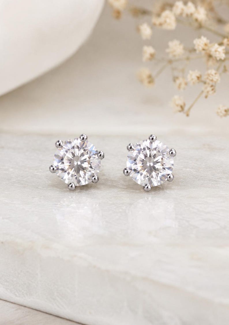 2 Carat Moissanite Stud Earrings, 925 Sterling Silver Round Solitaire Earrings