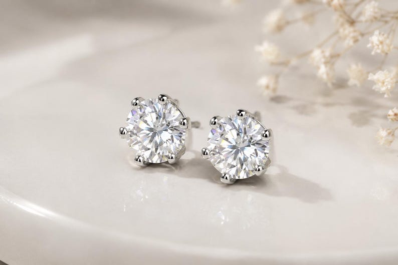 2 Carat Moissanite Stud Earrings, 925 Sterling Silver Round Solitaire Earrings