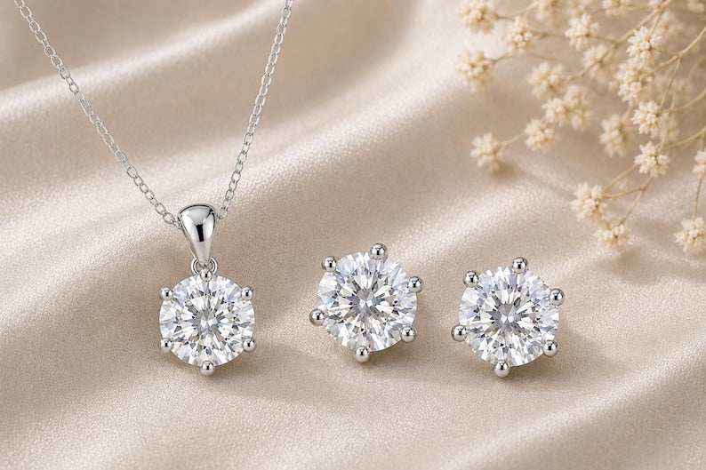 2 Carat Moissanite Necklace & Earrings Set | 925 Sterling Silver Round Cut Jewelry Set