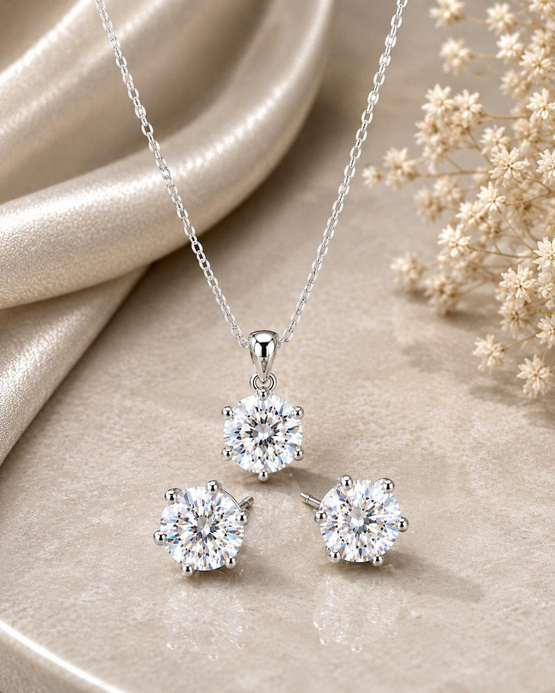 2 Carat Moissanite Necklace & Earrings Set | 925 Sterling Silver Round Cut Jewelry Set