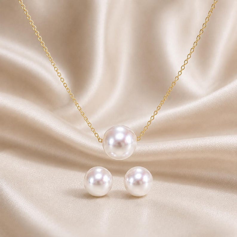 18K Solid Gold Certified Akoya Pearl Jewellery Set – Hallmarked Floating Pearl Necklace & Stud Earrings