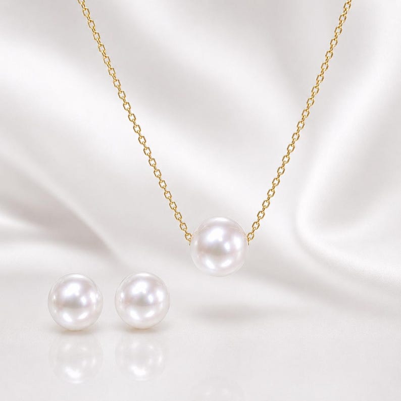 18K Solid Gold Certified Akoya Pearl Jewellery Set – Hallmarked Floating Pearl Necklace & Stud Earrings