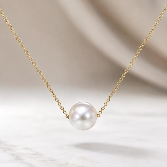 18K Solid Gold Floating Akoya Pearl Necklace – 8mm Certified Genuine Akoya Pearl – Hallmarked Fine Jewellery